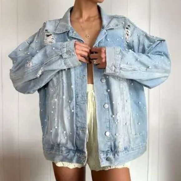 Free People Jackets & Blazers - Free People Pearl Embellished and Distressed Oversized Denim Jean Jacket, S